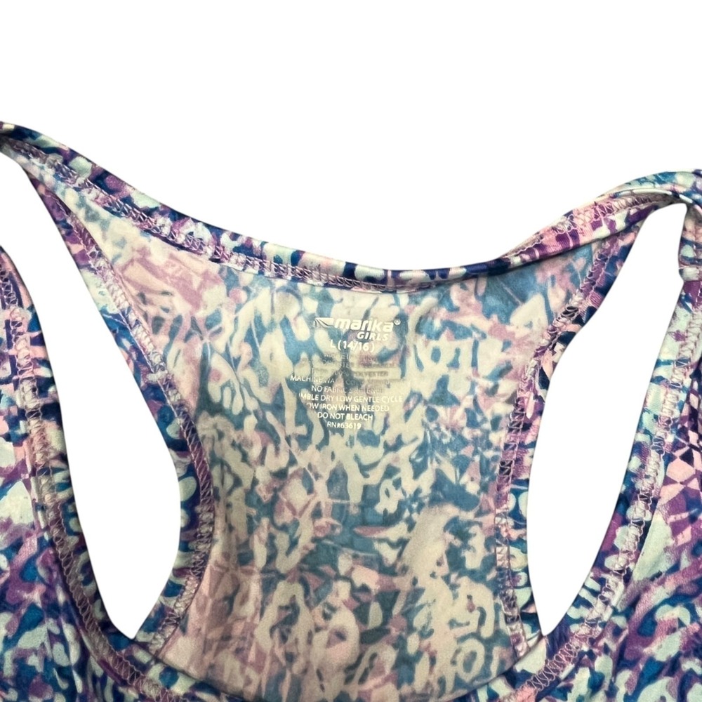 Marika Girls Performance Tank Top Tie Dye Blue Pink Tie Back Accent L 14/16 NEW - Picture 5 of 7